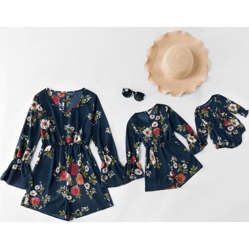2021 Famili Look Flower Printing Ruffle Long Sleeve Jumpsuits Mother And Daughter Clothes Floral Family Matching Clothes Outfits