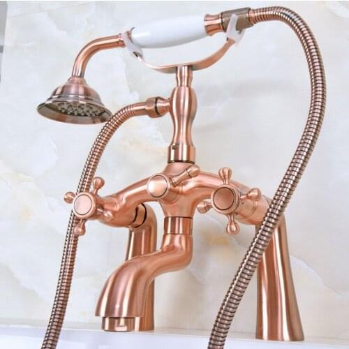 Antique Red Copper Brass Deck Mounted ClawFoot Bathroom Tub Faucet Dual Cross Handles Telephone Style Hand Shower Head ana154