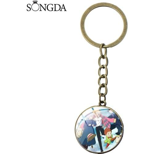 Retro Anime Cartoon Howls Moving Castle Cosplay Long Keychain Art Pattern Crystal Glass Gem Key Chain Jewelery Birthday Gift