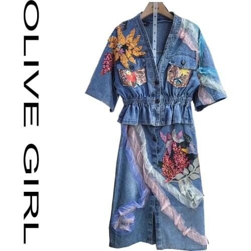 European Style Denim Suit Fashion Outfit Women Flower Sequined Denim Jacket Short Lace Jeans Skirt Two-Piece Dresses Set