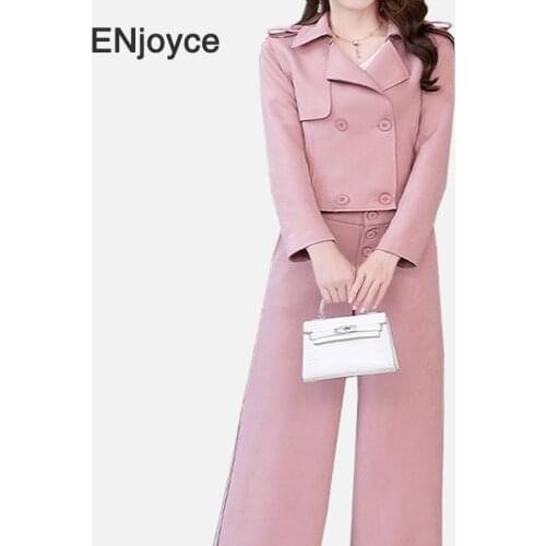 Autumn 2020 Fashion Pink Long Sleeve Jacket and Wide Leg Pants Crop Tops Mom Clothes 2 Piece Suits Sets