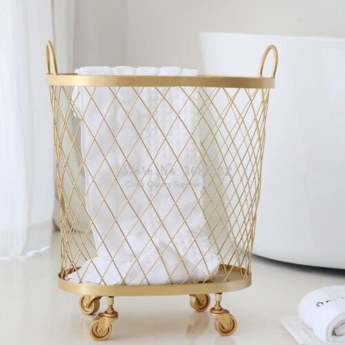 Modern Golden Fashion Metal Gold Color Dirty Clothes Storage Handle Wheel Laundry Basket Home Creative Organizer With Wheel