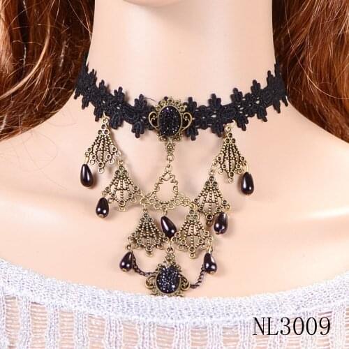 Fashion Vintage Alloy Metal Black Teardrop Bead Pendant Necklace Choker Collar for Women Lace Jewelry Accessories