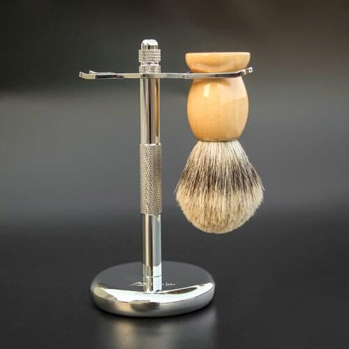Mens Badger Shaving Brush Stand Razor Holder and Double-Head Safety Straight Razor Pure Badger Beard Brush Stand