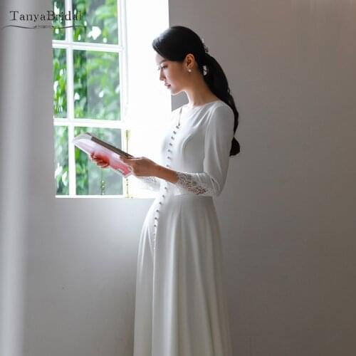 3/4 Sleeve Simple Wedding Dresses Ankle Length Pearls Button Elegant Bridal Dancing Gowns engaged Noivas DW404