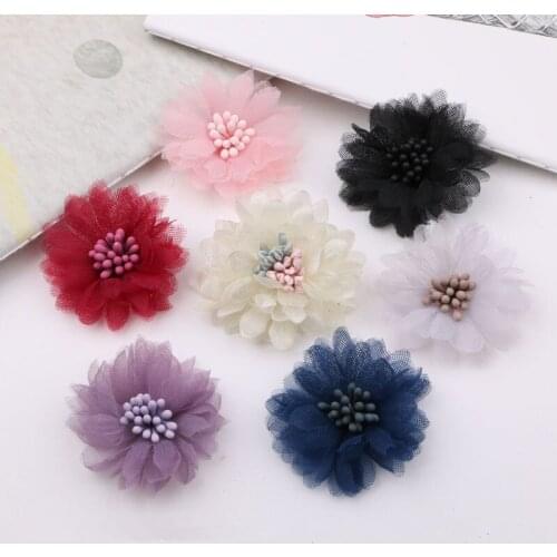 Handmade Chiffon Fabric Flowers 36mm Girl Hair Jewelry Bow Center Ornament Accessories Clip Headband Headwear Button stickers
