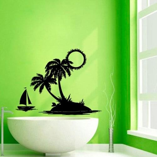 Sun Beach Palms Trees Bath Wall Sticker Home Decor Bathroom Decoration Art Murals Wall Decals