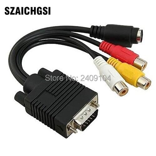 SZAICHGSI 10cm VGA to S-Video 3 RCA Composite AV TV Video Out Adapter Converter Cable for PC black color wholesale 200pcs