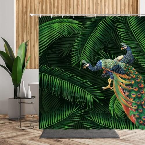 Tropical Plant Blue Peacocks Shower Curtain Green Leaf Birds Bathtub Curtains Nordic Style Small Fresh Cloth Bathroom Decor Set