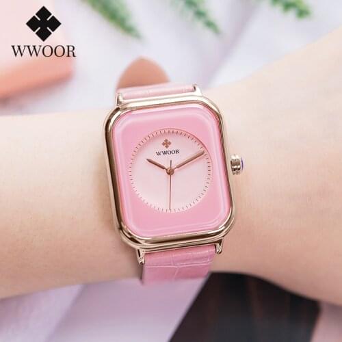 WWOOR Rectangle Watches For Women Fashion Pink Ladies Watch 2020 Top Brand Luxury Geneva Design Quartz Leather Girls Wrist Watch