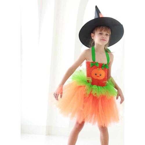 Green Orange Girls Pumpkin Tutu Dress with Hat Kids Party Dresses Halloween Costume Autumn Harvest Festival Baby Dress Birthday