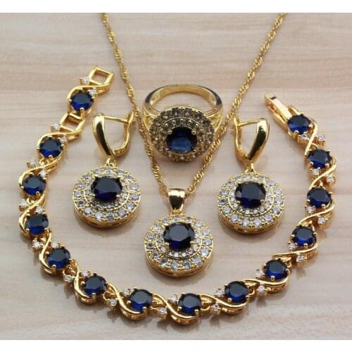 Amazing Round Blue Cubic Zirconia Yellow Gold Color Jewelry Sets For Women Africa Choker Necklace Bracelet Ring Sets