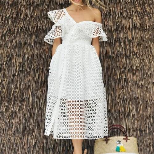 Elegant Hollow Out Women Dress Summer Solid V-Neck High Waist Short Sleeve White Streetwear Vintage Plus Size Party Midi Dress