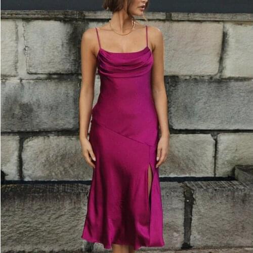 Sexy Spaghetti Strap Backless Women Long Dress Pleated Side Split Solid Female Dresses Summer Elegant Fashion Party Lady Clothes