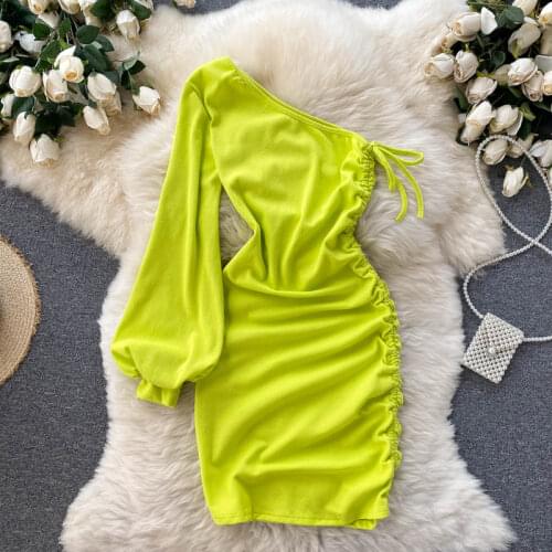 Pinkou Women Stylish Chic One Shoulder Knitted Dress Asymmetrical Collar One Sleeve Bow Tie Sheath Party Club Sexy Dresses QA55