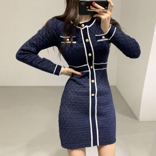 Vintage Autumn Winter Women Knitted Dress 2021 New Korean Long Sleeve O-Neck Bandage Sweater Clothing Elegant Ladies Dresses