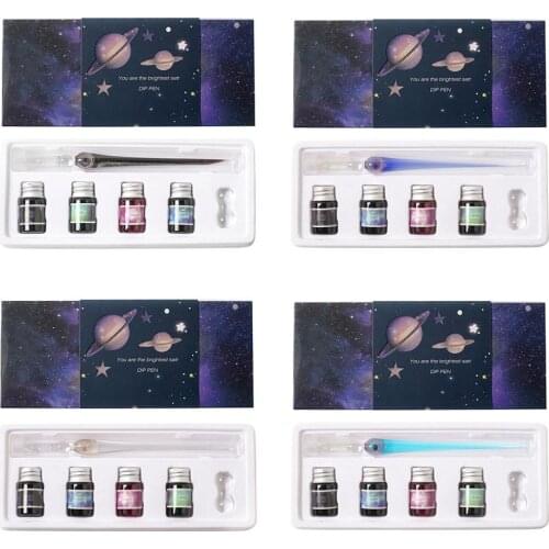 1Set Planet Theme Dip Pen 4 Color Ink Kit Glass Pen Signiture Painting Pen Student Stationery Writing Supplies Gifts