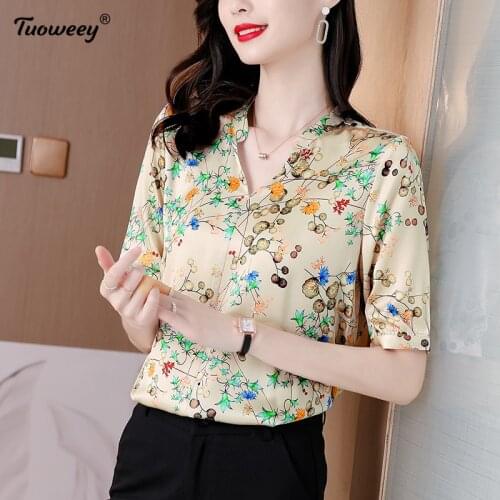 2021 Women Chiffon Blouse Summer V NECKPrint Tunic Casual 3/4 Sleeve Tops Lady Blusa Femme Plus Size Vintage Ladies Blusas