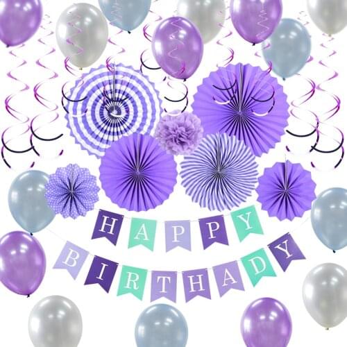 37Pcs Summer Birthday Party Decoration Set Happy Birthday Banner Balloons Paper Flower For Baby Girls Kids Adult Decorations