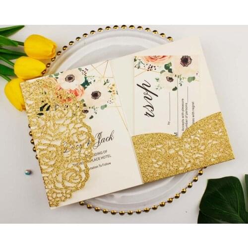 Free shipping 1X Laser Cut Tri-fold White Rose Gold floral pocket fold Wedding Invitation Card Invite RSVP Customize envelope