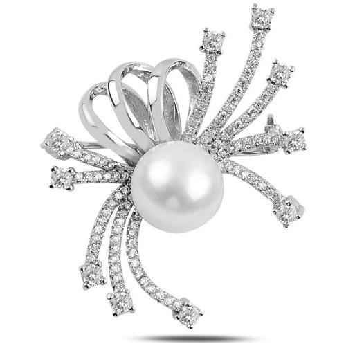 Silver 925 Sterling Pearl & Zircon Crystal Brooch