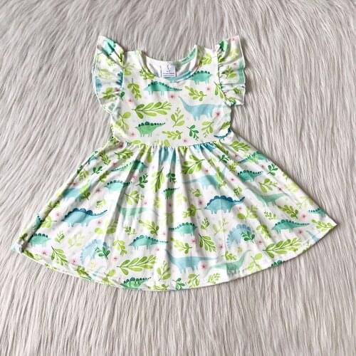 Summer baby girls dress high quality green flying sleeve dresses for children cartoon dinosaur frocks