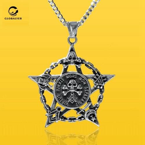 European and American gothic Pentagram Skull pendant European and American punk rock masonic titanium steel necklace 541