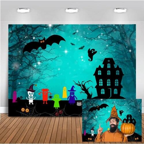 Celebration Halloween Backdrop Forest Old Tree Pumpkin Big Moon Background Bat Specter Ghost Kid Children Night Blue Photography