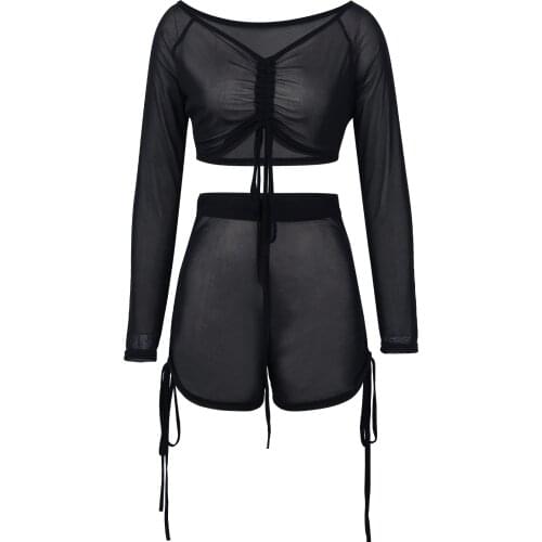 Hirigin Women Sexy See-through Bikini Cover Up Clothes Set Black Long Sleeve Crop Tops and High Waist Shorts for Beach/Seaside