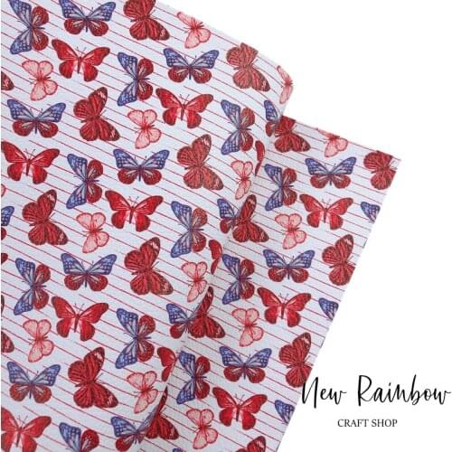 New Rainbow 30x138cm/Roll Vintage Red & Blue Butterflies 1.0MM Faux Artisan Leatherette Perfect For Making Hairclips, Bows, DIY