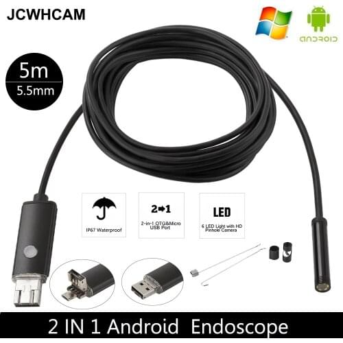 JCWHCAM Android Endoscope Camera 5M Flexible Snake Tube Inspection SmartPhone OTG USB Borescope Endoscopy Camera With 6 LED