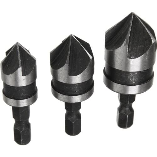 3Pcs 5 Flute Countersink Drill Bit 12/16/19mm Heat Treated Carbon Steel 90 Degree Chamfering Cutter 1/4'' Length For Wood Metal