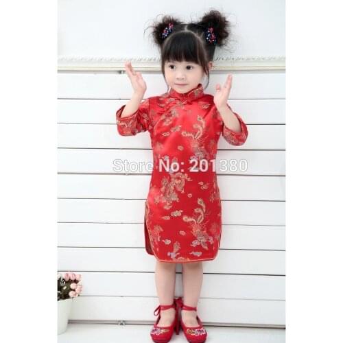 Red Qipao Baby Girl Summer Dress Floral Cheongsams Gift New Year Girls Princess Party Dresses Top Quality 2 4 6 8 10 12 14 16y