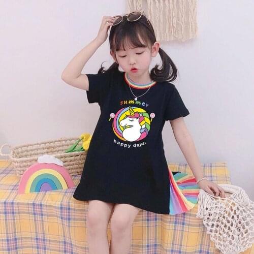 Summer Girls Dress Cartoon Unicorn Printing Pleated Dress Toddler Girl Clothes Kids Shorts Sleeve T-shirt Dress Children Clothes