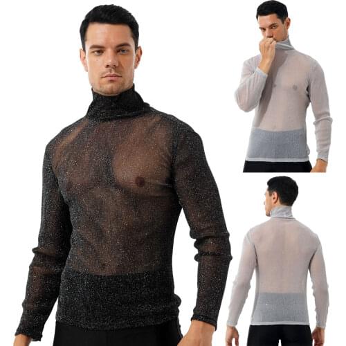 Summer Autumn Men Fashion T-Shirt Shiny See-through High Neck Long Sleeve Tops Streetwear for Party Nightclub Music Concert New