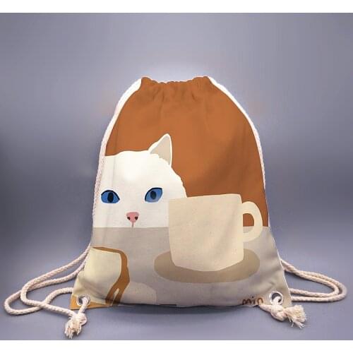 3D printing Animal print cat wants to drink water rope bag for men and women, cat and dog cartoon print canvas soft shoulder bag