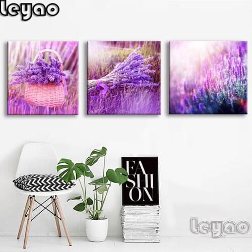 Diy 5d Diamond painting 3 Pieces Home Decoration Art Wall Purple Lavender Flowers Modular Pictures For Living Room Paintings