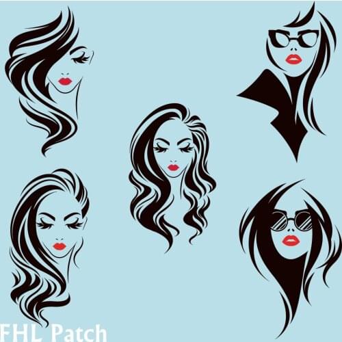 Fashion Heat Transfers Patches Iron-on Transfer Stickers DIY For Clothing T-shirt Bags Black Lady Avatar Applique Decor