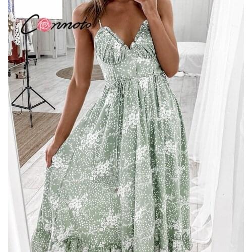 Conmoto Casual green sling print women dress Summer sexy V-neck holiday style maxi dress Elegant High-waist lace-up ruffle dress