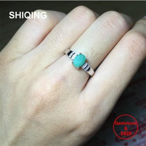 SHIQING Nature green emerald ring, oval sterling silver classical may birthstone band noble ring for women