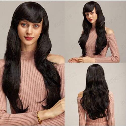 Rebcass Synthetic Long Wavy Black Pink Cosplay Wigs with Bang for Black White Women Colorful Fiber Hair Wigs High Temperature