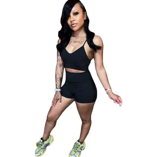 Sport Women Solid Black 2 Two Piece Set Spaghetti Strap Crop Tops Shorts Jogger Sweatpants Suit Tracksuit Matching Set Outfits