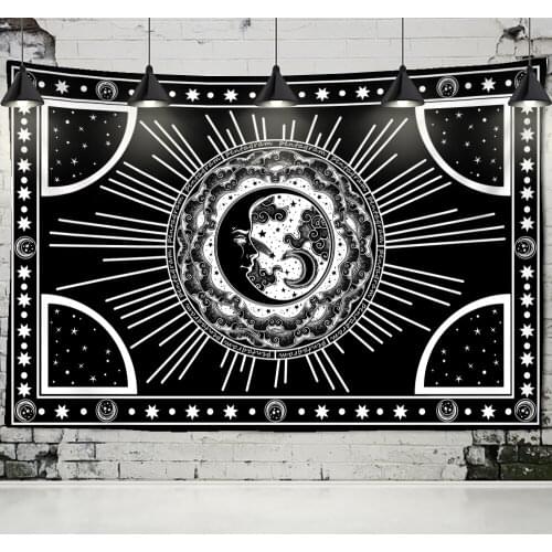 Sun Moon Star Tapestry Wall Hanging Illusory Abstract Witchcraft Black And White Printing Bohemian Dormitory Decor