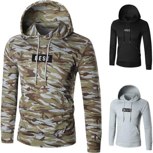 Mens Hooded Sweatshirt Long Sleeve Camouflage Solid Color Pullover Hoodies with Drawstring Casual Slim Tops