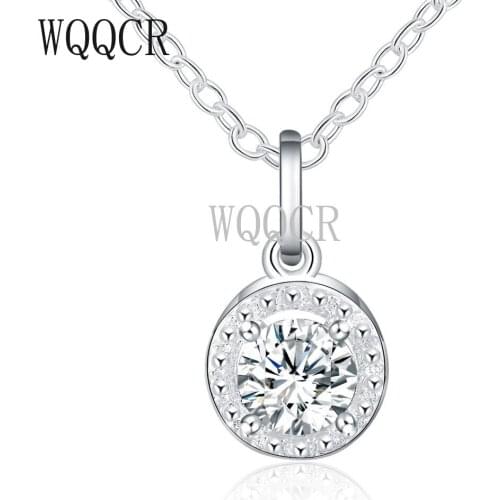 WQQCR 925 Sterling Silver Color Pendant Necklace with Chain Women CZ Crystal Zircon Round Sliding Party Jewelry