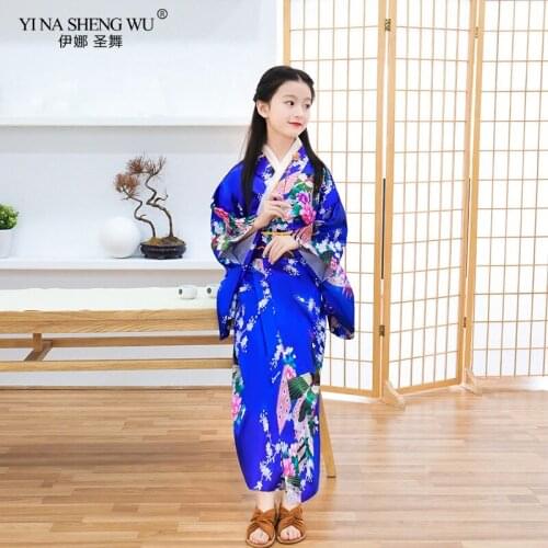 Japanese Kimono Halloween Girls Cosplay Elegant Sakura Suit Print Peacock Children Robe Gown Style Dress Vintage Kimono Costume