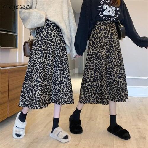 Skirts Womens Autumn High Waist Leopard A-line Fashion Vintage Elegant Mid-calf Streetwear Chic Female Casual Korean Stylish New