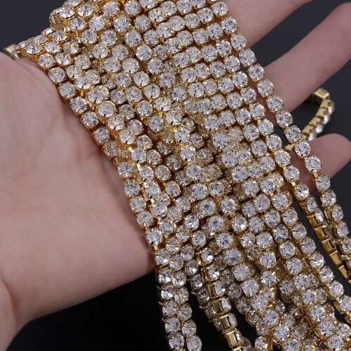 9 Meters SS6-SS24 Gold Base With Clear Color Rhinestone Nail Stone Close Chain For DIY Nail Art Decor/Clothes/Jewelry Making