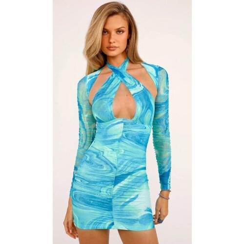 Women Summer Skirt, Ripple Hollow-Out Halter-Neck Long Sleeves Backless Tight Dress for Girls, Blue