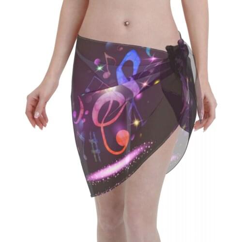 Womens Swim Wear Bikini Cover Up Colorful Music Note Purple Print Beach Mini Wrap Skirt Sarong Pareo Shorts Summer Beachwear
